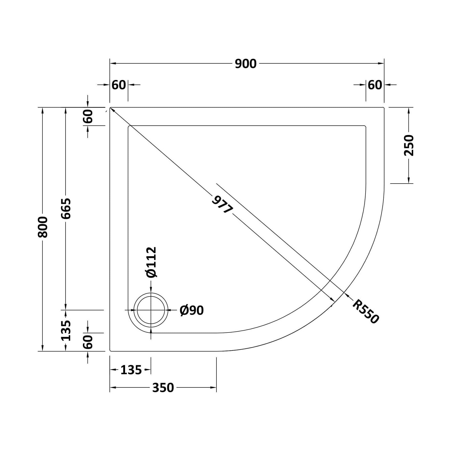 [BETR104] Balterley Shower Tray Modern Offset Quadrant Shower Tray, Left or Right Hand - Choice of Size and Finish - Technical Drawing