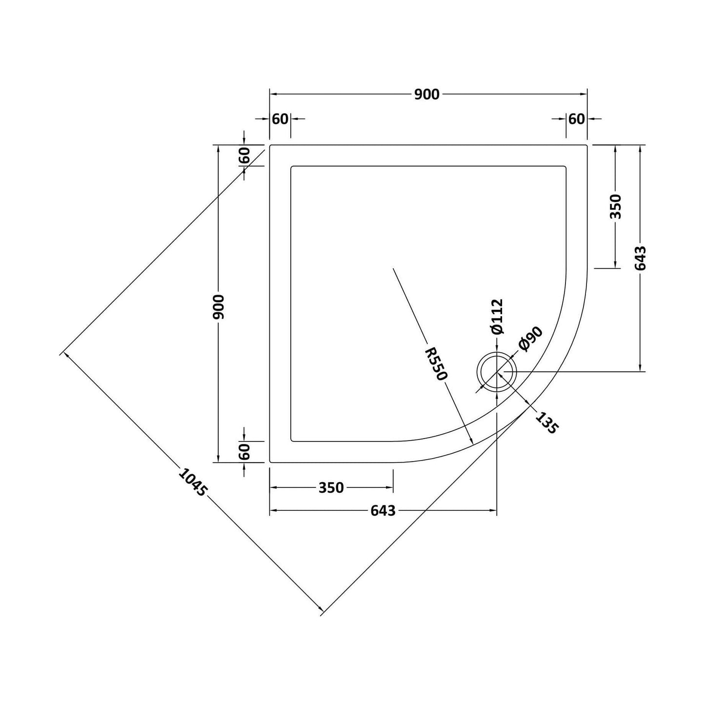[BETR106] Balterley Shower Tray Quadrant, 40mm Profile Design - Choice of Size and Colour - Technical Drawing