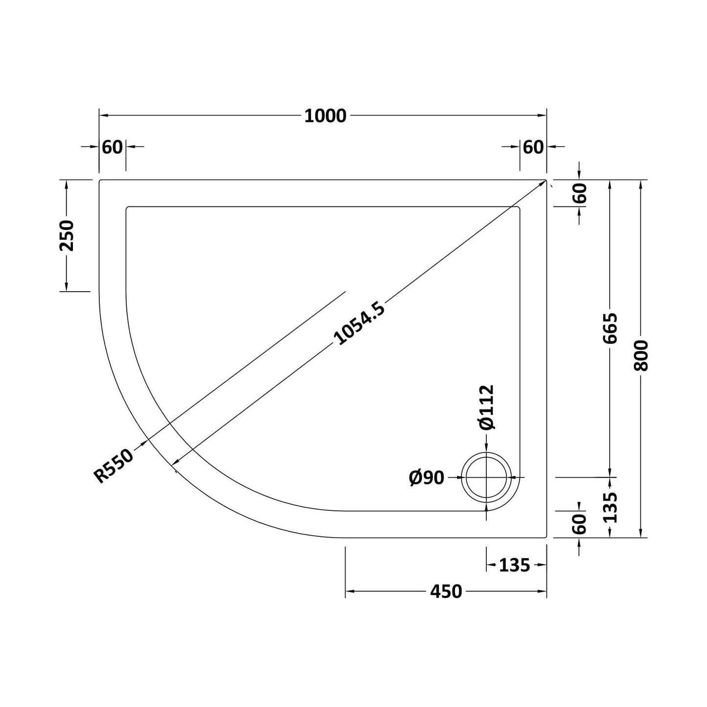 [BETR108] Balterley Shower Tray Modern Offset Quadrant Shower Tray, Left or Right Hand - Choice of Size and Finish - Technical Drawing