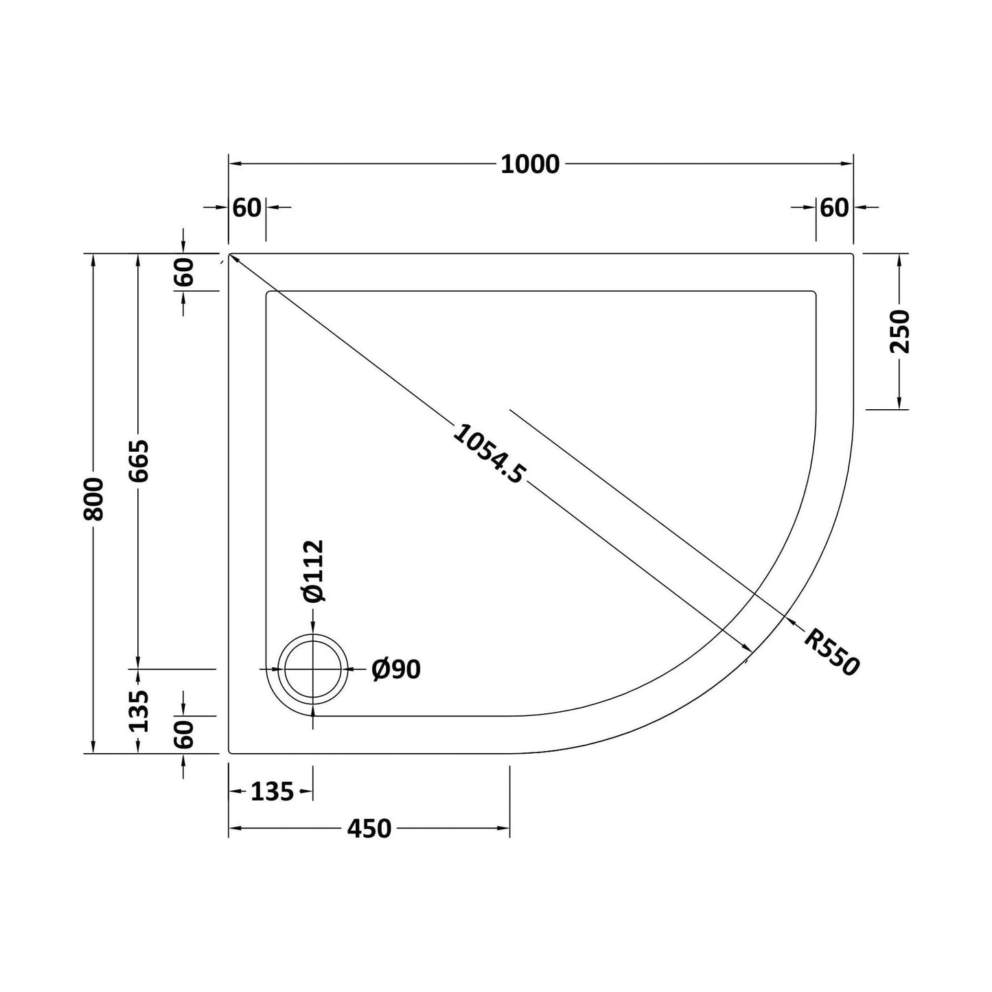 [BETR109] Balterley Shower Tray Modern Offset Quadrant Shower Tray, Left or Right Hand - Choice of Size and Finish - Technical Drawing