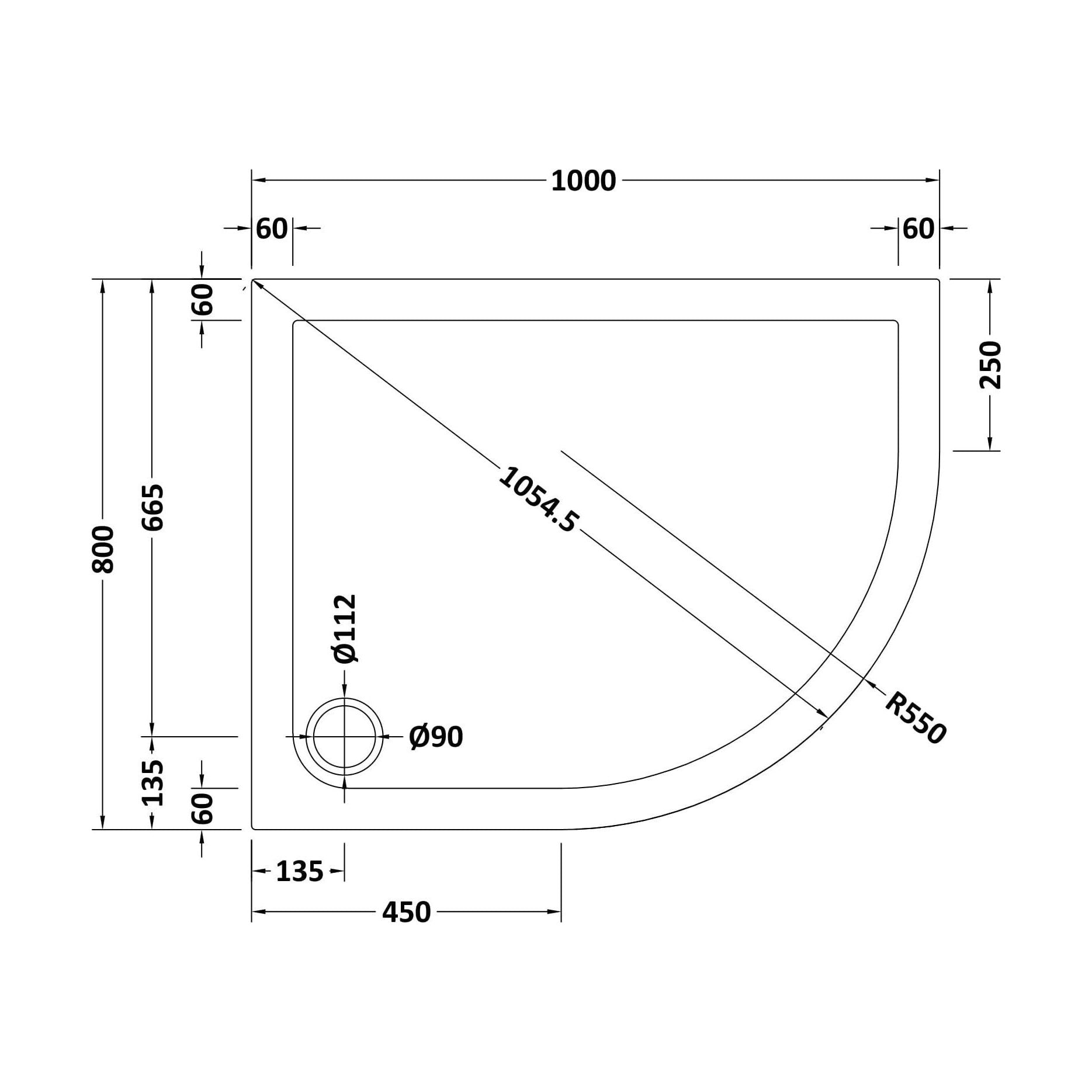 [BETR109] Balterley Shower Tray Modern Offset Quadrant Shower Tray, Left or Right Hand - Choice of Size and Finish - Technical Drawing