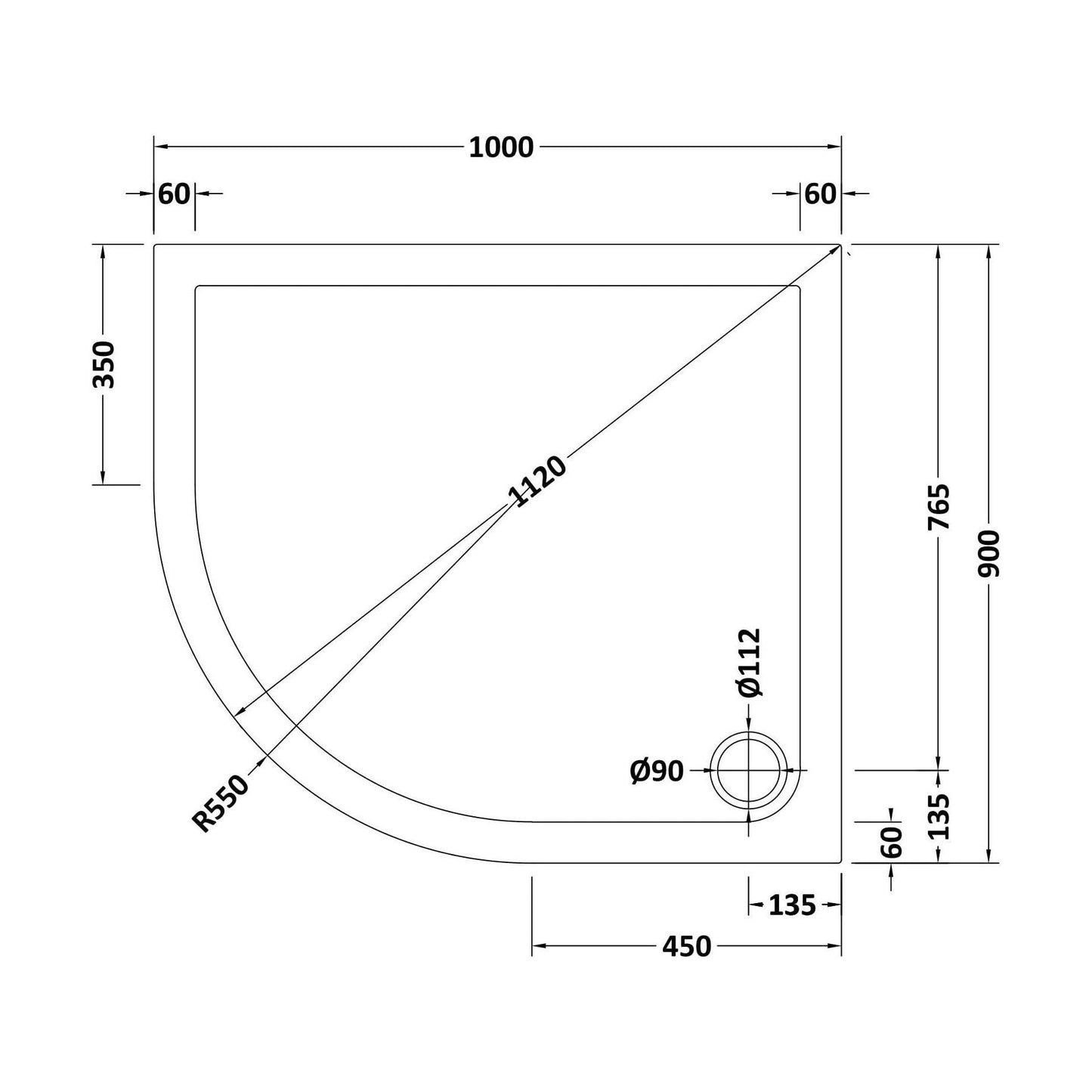 [BETR110] Balterley Shower Tray Modern Offset Quadrant Shower Tray, Left or Right Hand - Choice of Size and Finish - Technical Drawing
