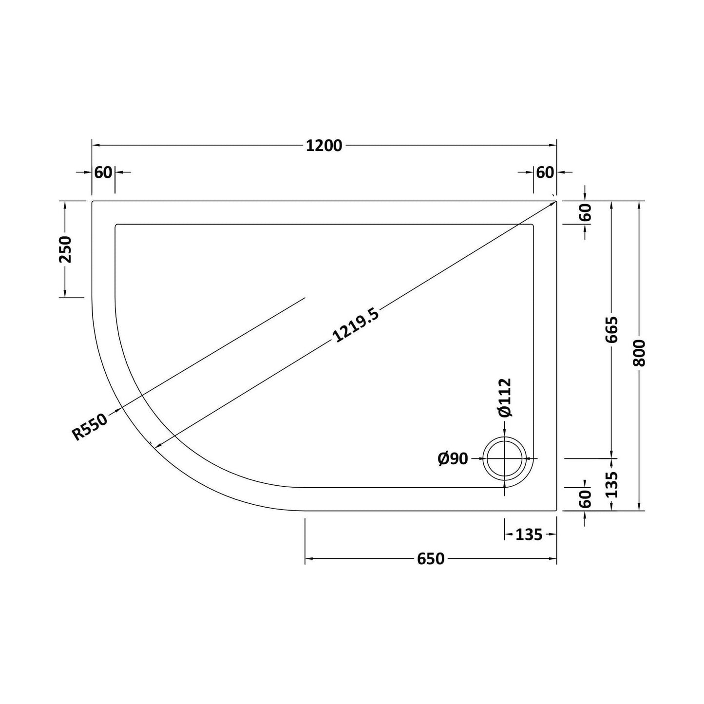[BETR112] Balterley Shower Tray Modern Offset Quadrant Shower Tray, Left or Right Hand - Choice of Size and Finish - Technical Drawing