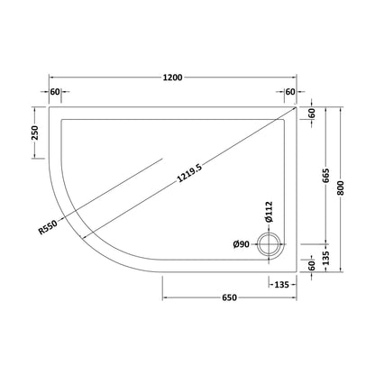 [BETR112] Balterley Shower Tray Modern Offset Quadrant Shower Tray, Left or Right Hand - Choice of Size and Finish - Technical Drawing