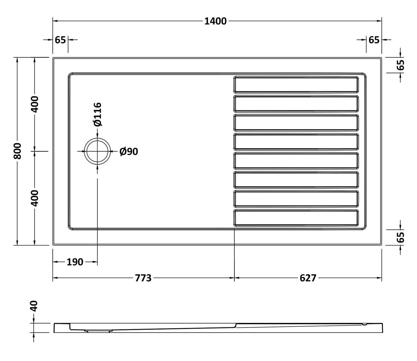 [BETR1480] Premium Walk-In Shower Tray - Choice of Size and Colour - Technical Drawing