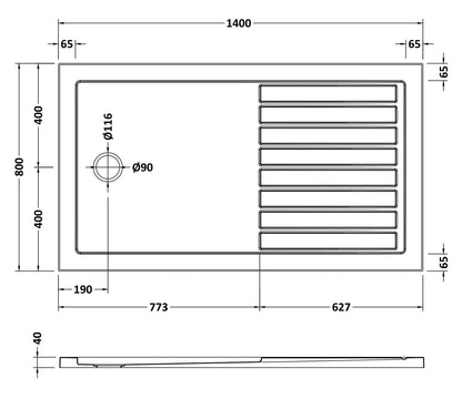 [BETR1480] Premium Walk-In Shower Tray - Choice of Size and Colour - Technical Drawing