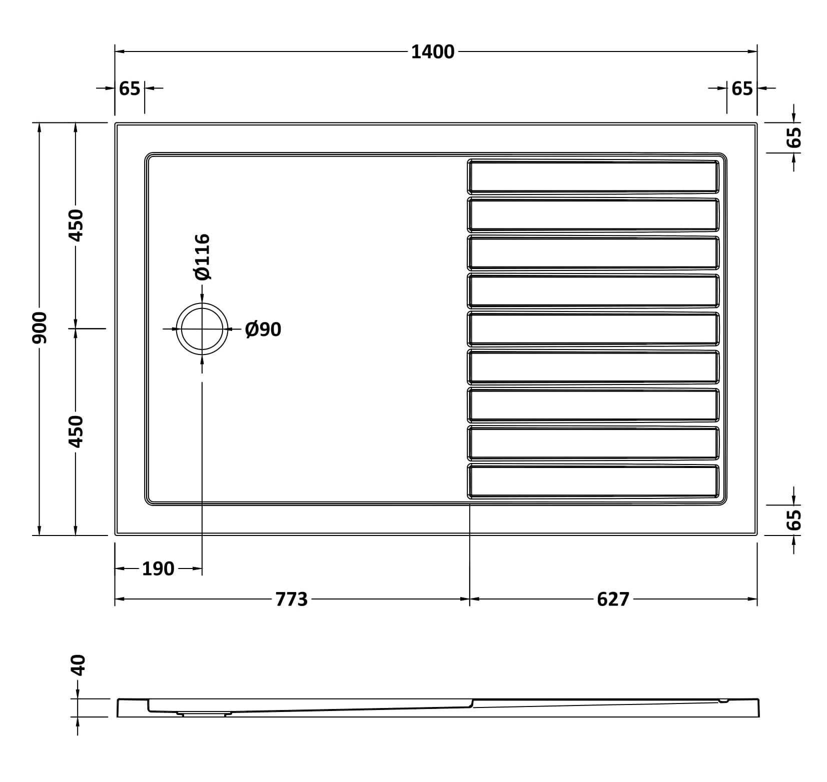[BETR1490] Premium Walk-In Shower Tray - Choice of Size and Colour - Technical Drawing