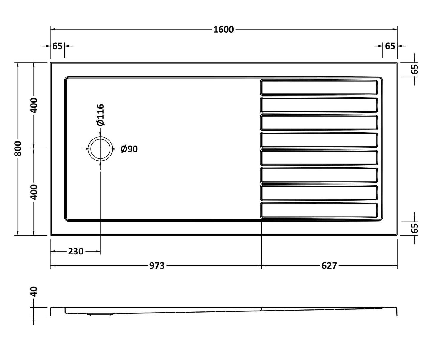 [BETR1680] Premium Walk-In Shower Tray - Choice of Size and Colour - Technical Drawing