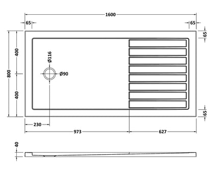 [BETR1680] Premium Walk-In Shower Tray - Choice of Size and Colour - Technical Drawing