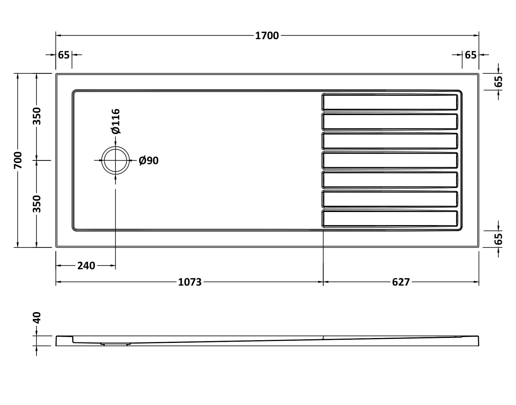 [BETR1770] Premium Walk-In Shower Tray - Choice of Size and Colour - Technical Drawing