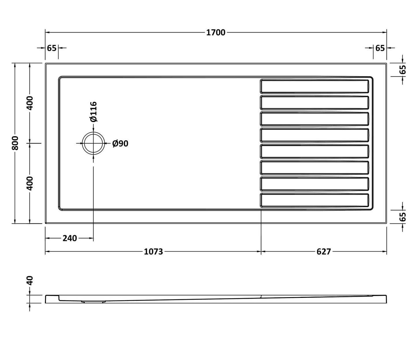 [BETR1780] Premium Walk-In Shower Tray - Choice of Size and Colour - Technical Drawing