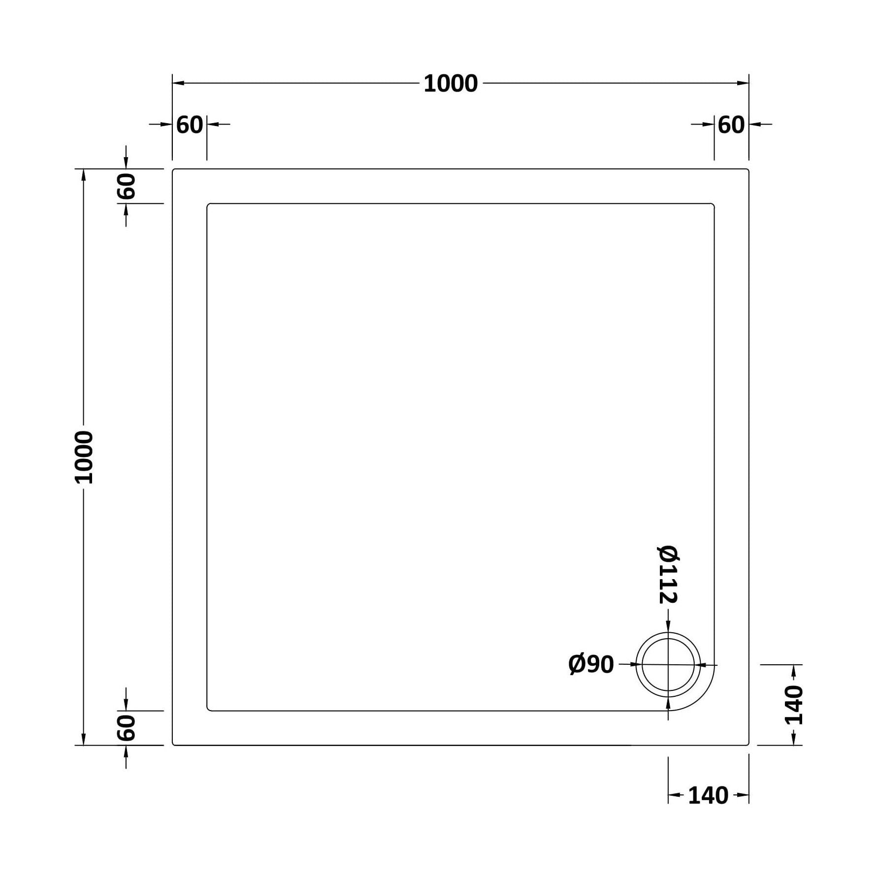 [BETR71015] Balterley Shower Tray Modern Square, 40mm Profile - Choice of Size and Colour - Technical Drawing