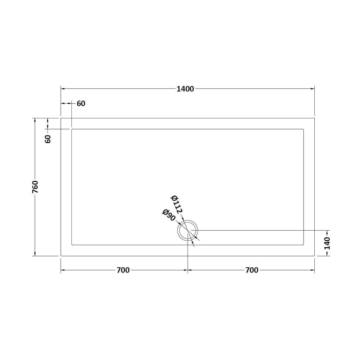 [BETR71032] Balterley Shower Tray Modern Rectangular 40mm Profile Slimline, White or Grey - Multiple Sizes Available - Technical Drawing