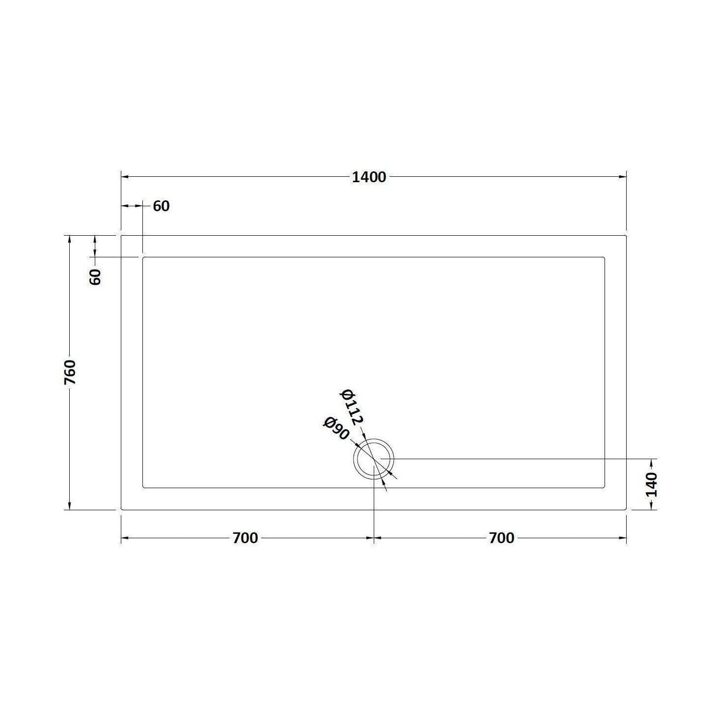[BETR71032] Balterley Shower Tray Modern Rectangular 40mm Profile Slimline, White or Grey - Multiple Sizes Available - Technical Drawing