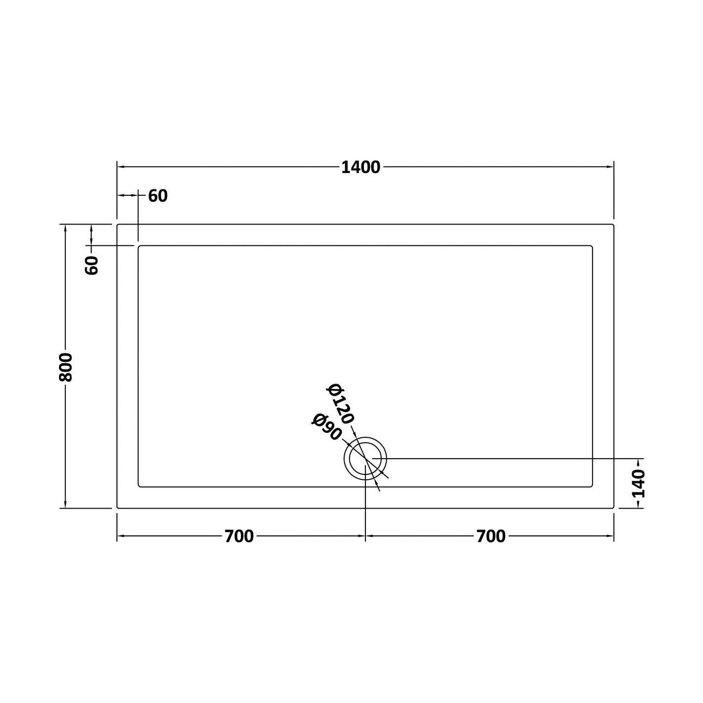 [BETR71033] Balterley Shower Tray Modern Rectangular 40mm Profile Slimline, White or Grey - Multiple Sizes Available - Technical Drawing
