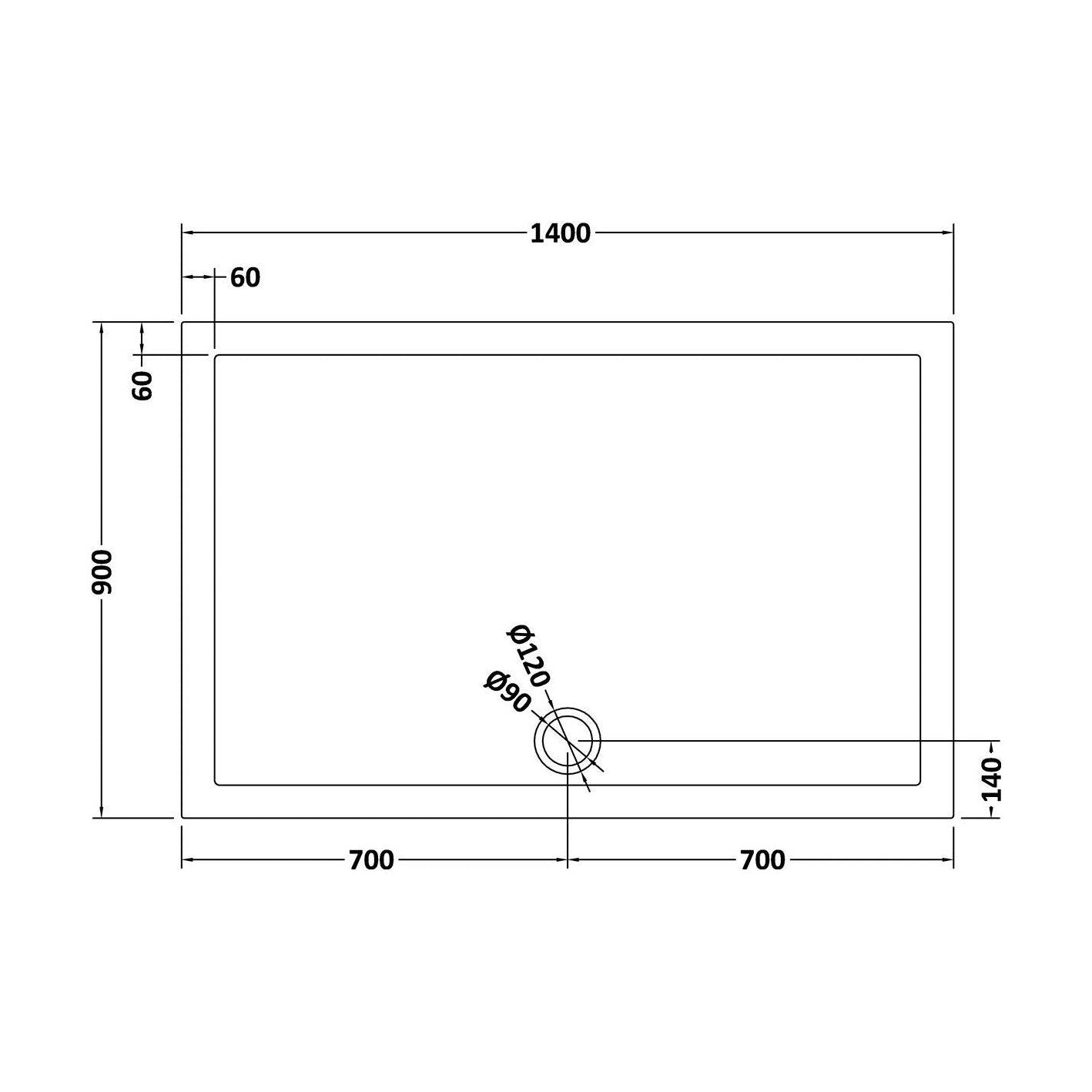 [BETR71034] Balterley Shower Tray Modern Rectangular 40mm Profile Slimline, White or Grey - Multiple Sizes Available - Technical Drawing