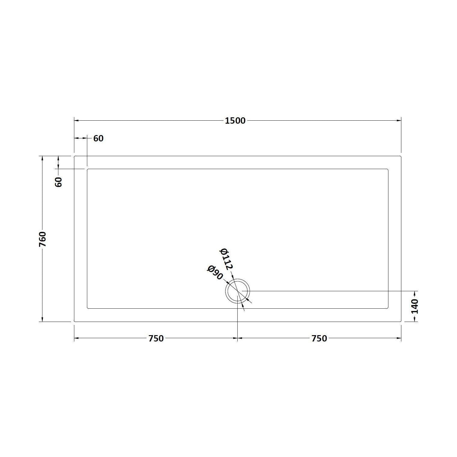 [BETR71042] Balterley Shower Tray Modern Rectangular 40mm Profile Slimline, White or Grey - Multiple Sizes Available - Technical Drawing