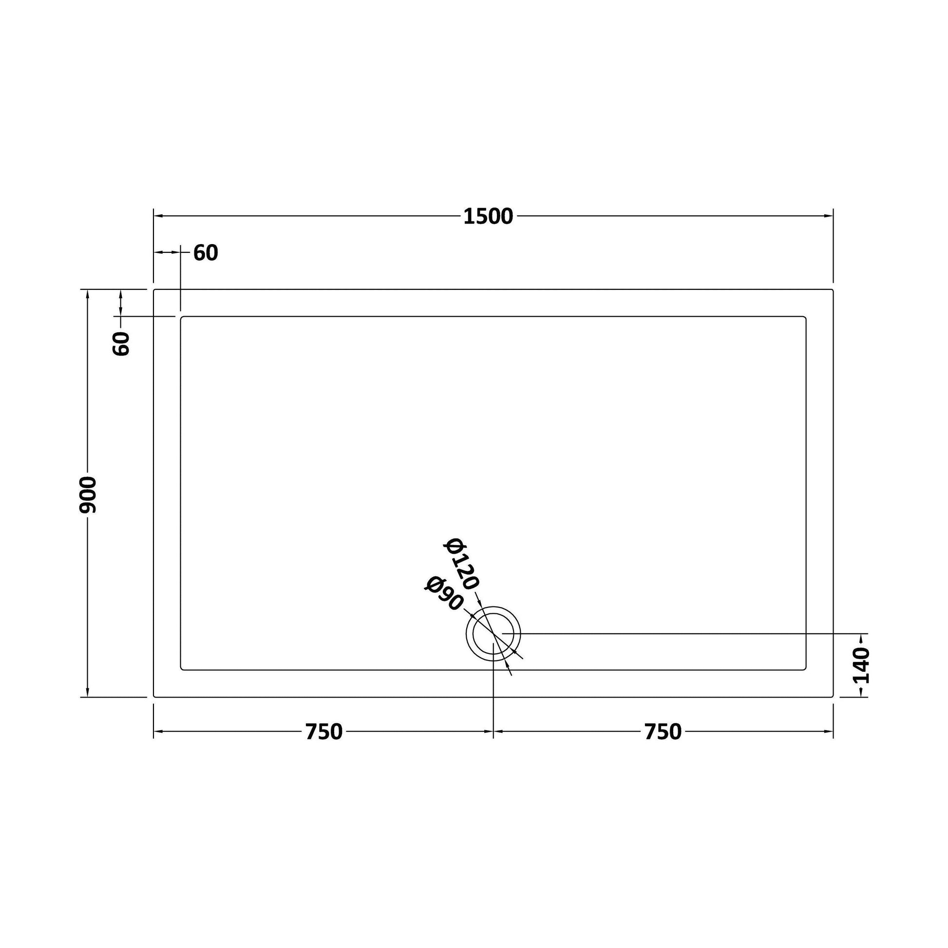 [BETR71044] Balterley Shower Tray Modern Rectangular 40mm Profile Slimline, White or Grey - Multiple Sizes Available - Technical Drawing