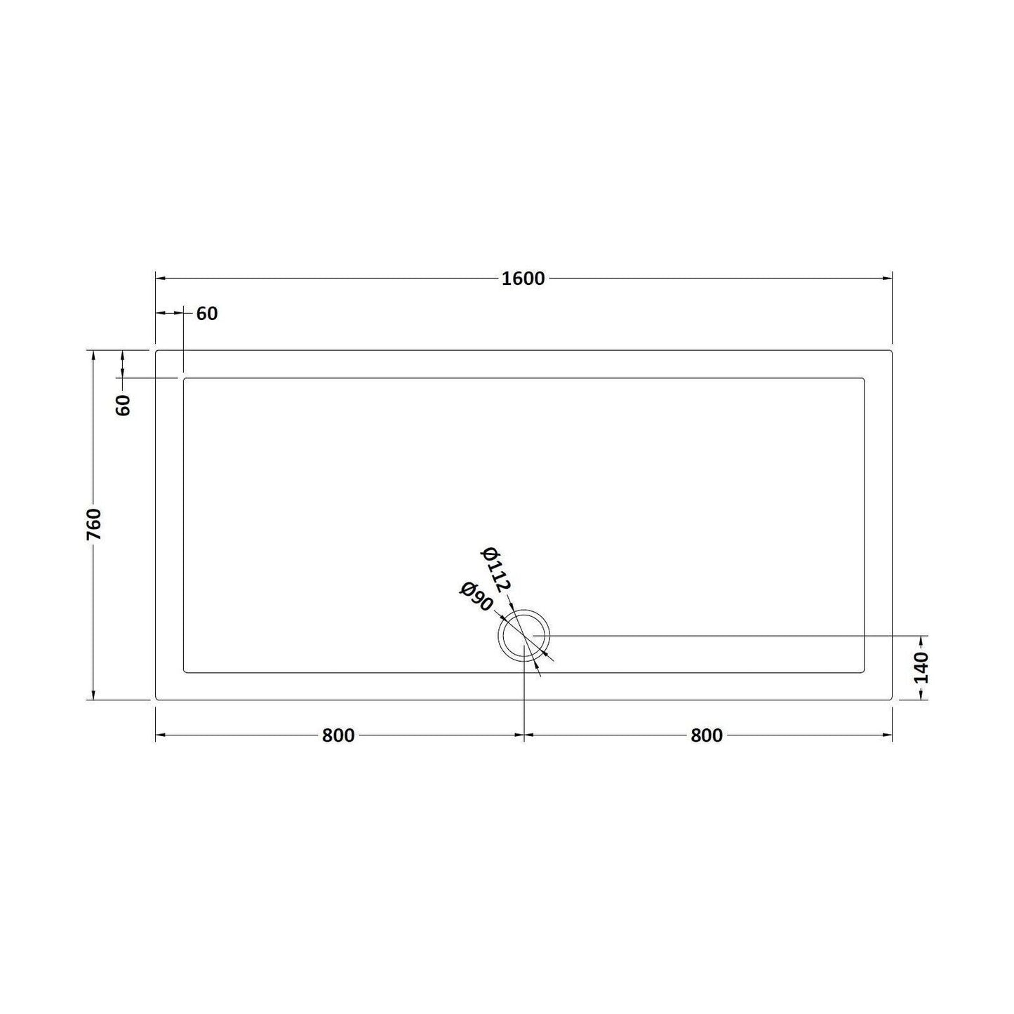 [BETR71052] Balterley Shower Tray Modern Rectangular 40mm Profile Slimline, White or Grey - Multiple Sizes Available - Technical Drawing