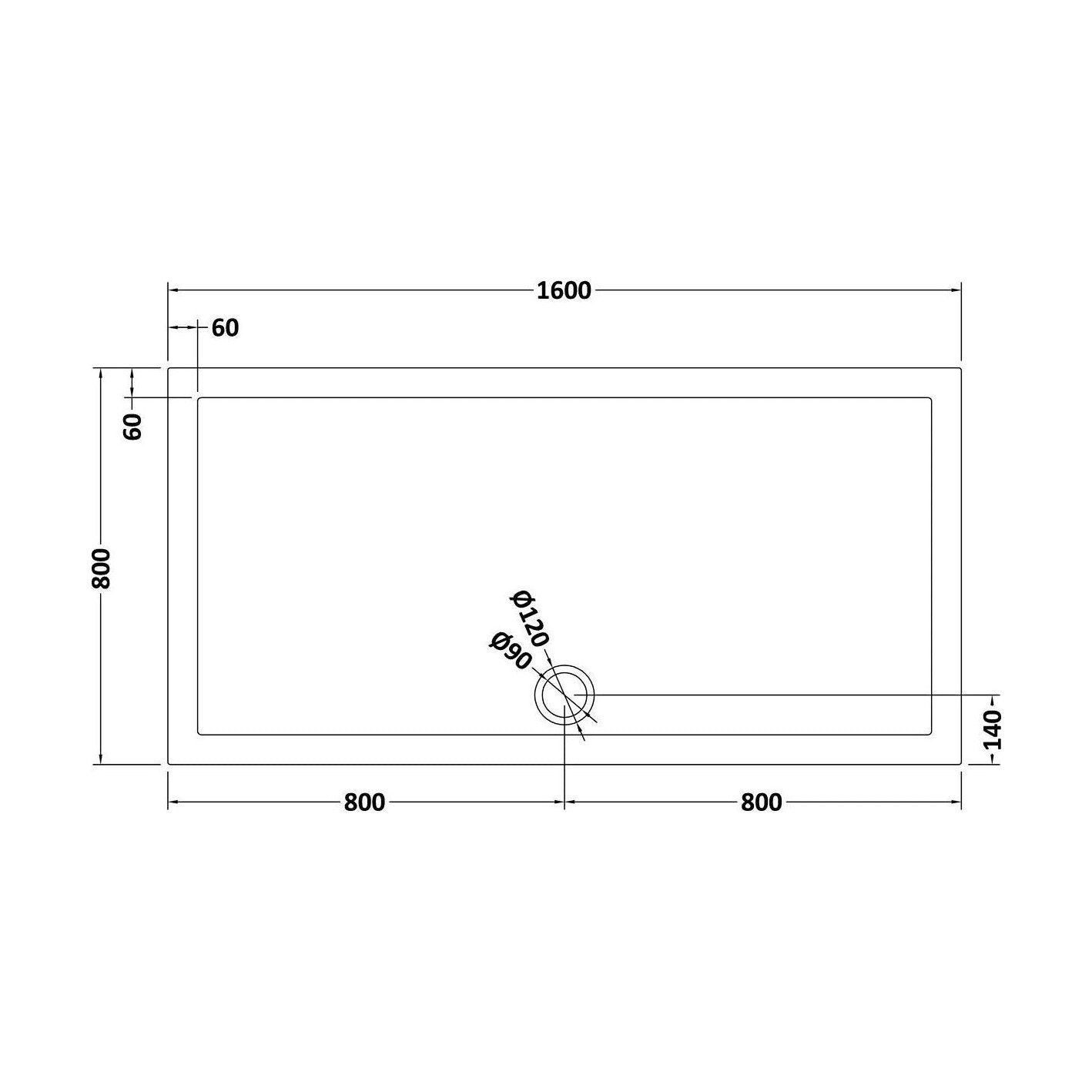 [BETR71053] Balterley Shower Tray Modern Rectangular 40mm Profile Slimline, White or Grey - Multiple Sizes Available - Technical Drawing