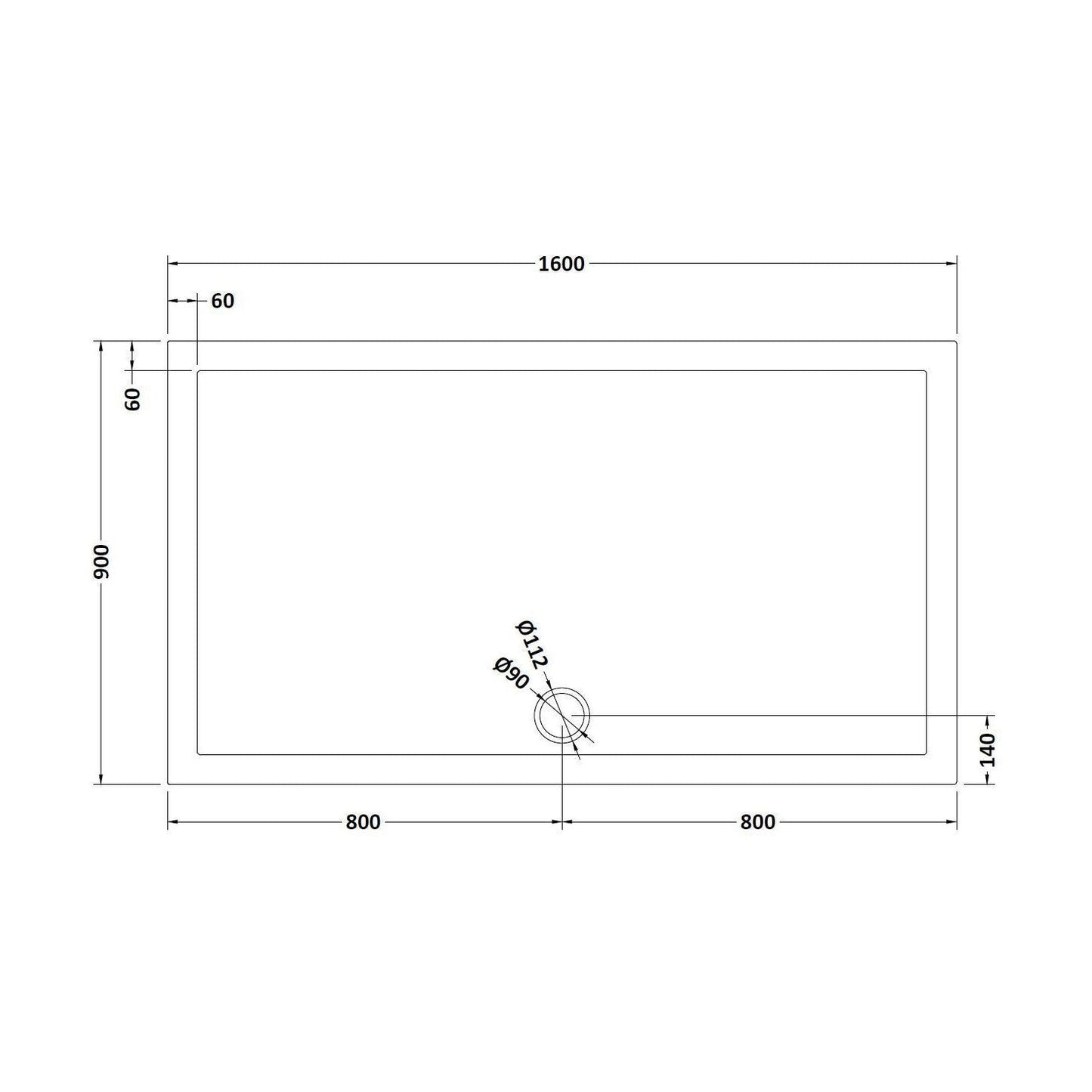 [BETR71054] Balterley Shower Tray Modern Rectangular 40mm Profile Slimline, White or Grey - Multiple Sizes Available - Technical Drawing