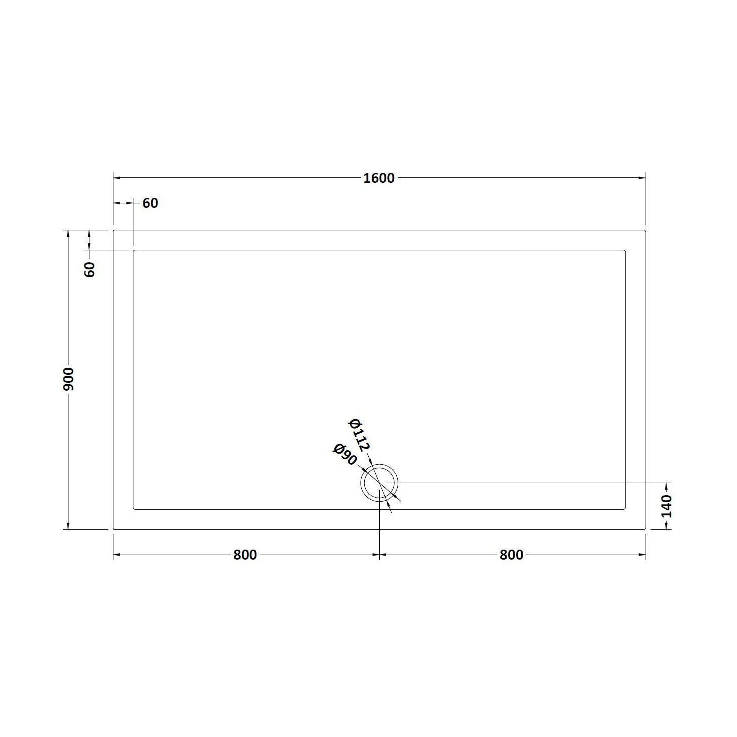 [BETR71054] Balterley Shower Tray Modern Rectangular 40mm Profile Slimline, White or Grey - Multiple Sizes Available - Technical Drawing