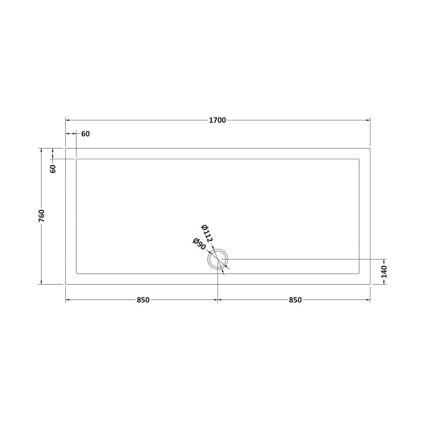 [BETR71062] Balterley Shower Tray Modern Rectangular 40mm Profile Slimline, White or Grey - Multiple Sizes Available - Technical Drawing