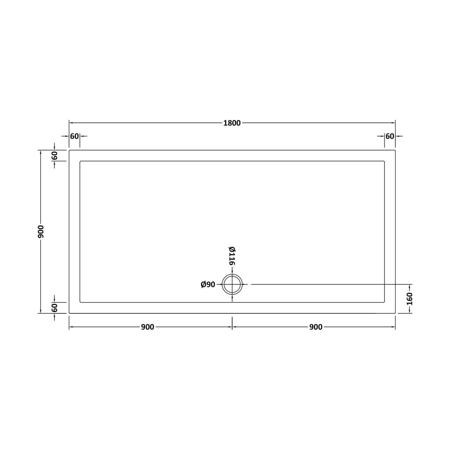 [BETR71074] Balterley Shower Tray Modern Rectangular 40mm Profile Slimline, White or Grey - Multiple Sizes Available - Technical Drawing