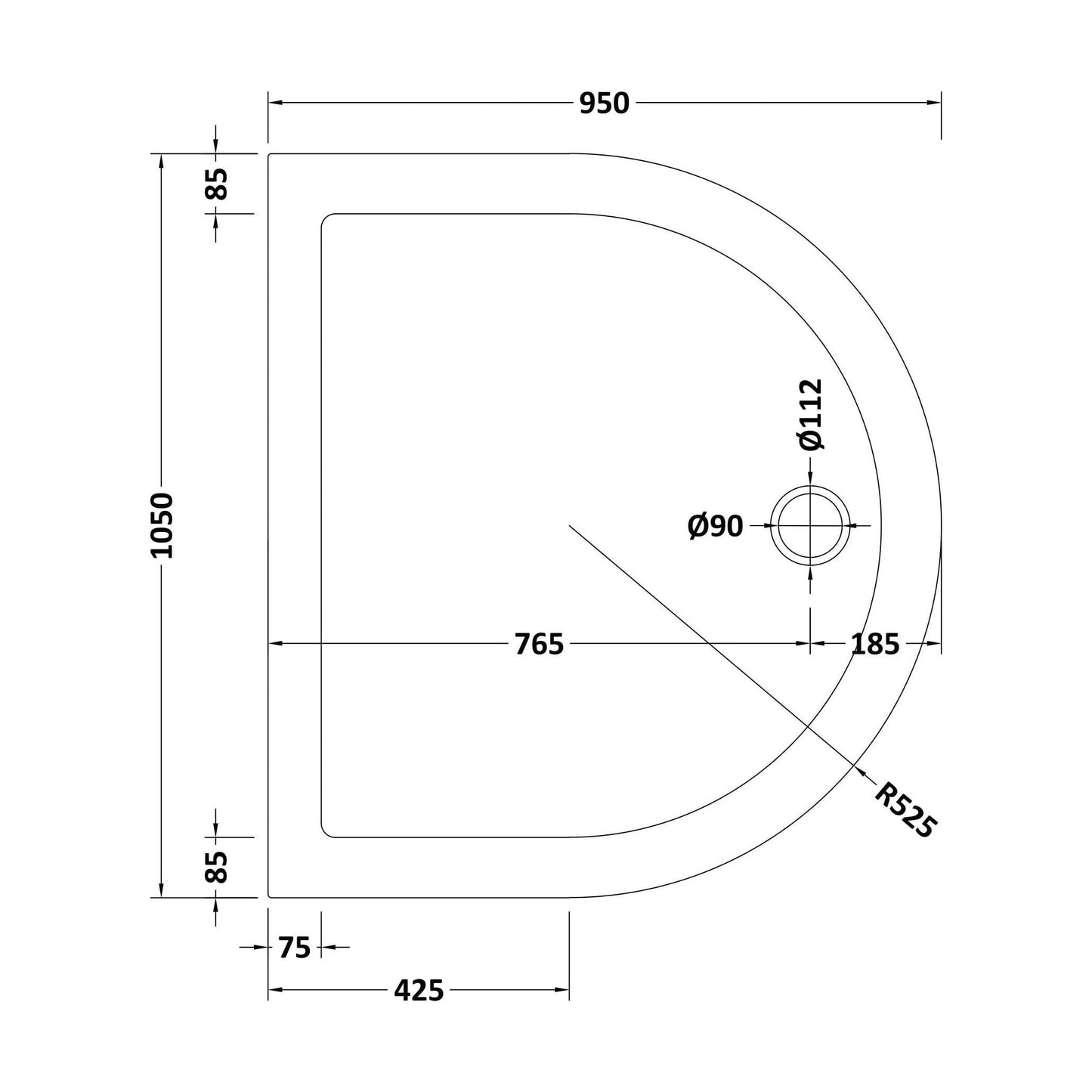 [BETR71095] Balterley Shower Tray D Shape, 1050mm - Available in White and Slate Grey - Technical Drawing