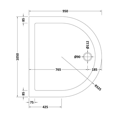 [BETR71095] Balterley Shower Tray D Shape, 1050mm - Available in White and Slate Grey - Technical Drawing