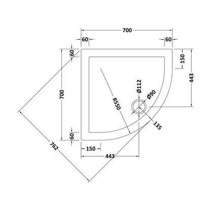 [BETR71096] Balterley Shower Tray Quadrant, 40mm Profile Design - Choice of Size and Colour - Technical Drawing