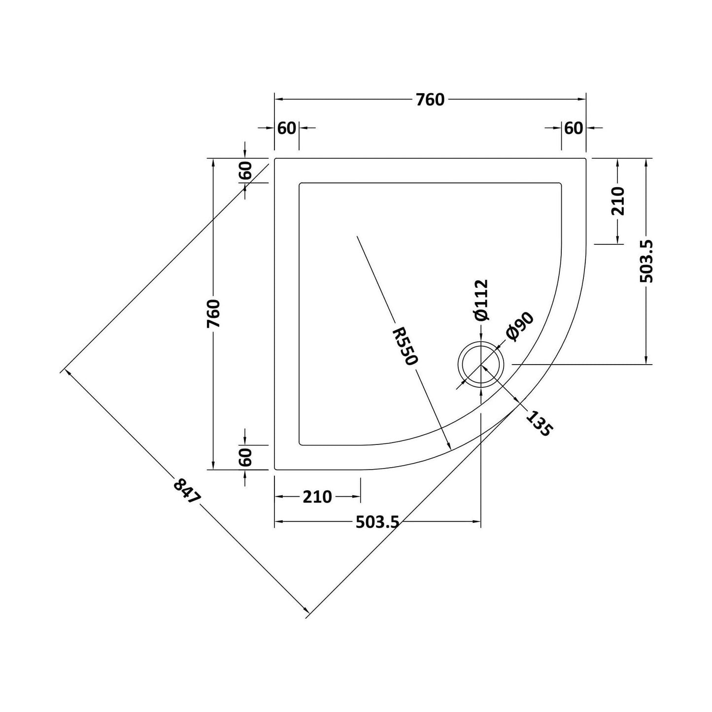 [BETR71097] Balterley Shower Tray Quadrant, 40mm Profile Design - Choice of Size and Colour - Technical Drawing