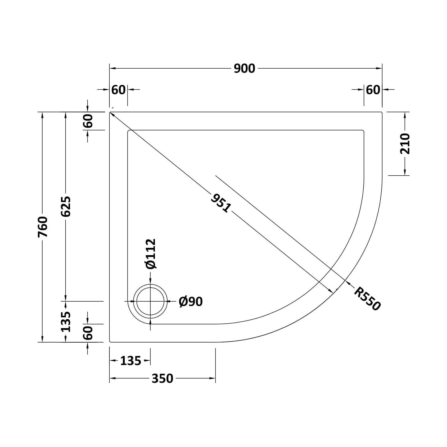 [BETR71102] Balterley Shower Tray Modern Offset Quadrant Shower Tray, Left or Right Hand - Choice of Size and Finish - Technical Drawing