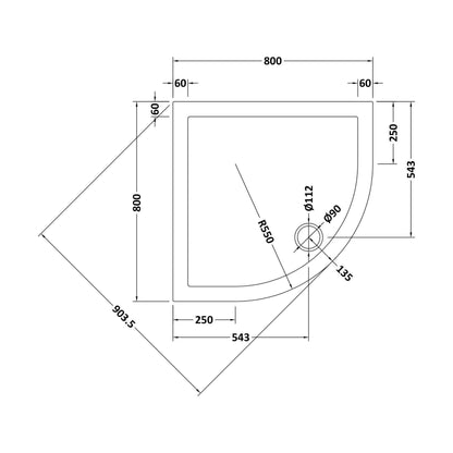 [BETR71105] Balterley Shower Tray Quadrant, 40mm Profile Design - Choice of Size and Colour - Technical Drawing