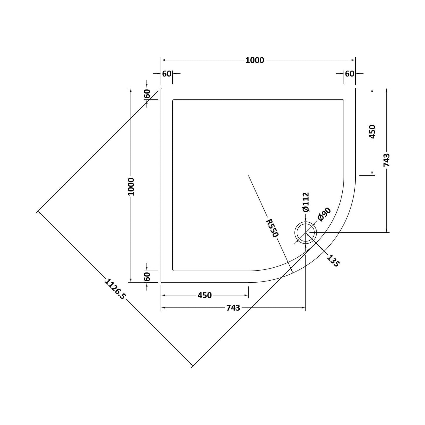 [BETR71107] Balterley Shower Tray Quadrant, 40mm Profile Design - Choice of Size and Colour - Technical Drawing