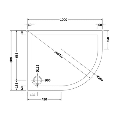 [BETR71109] Balterley Shower Tray Modern Offset Quadrant Shower Tray, Left or Right Hand - Choice of Size and Finish - Technical Drawing
