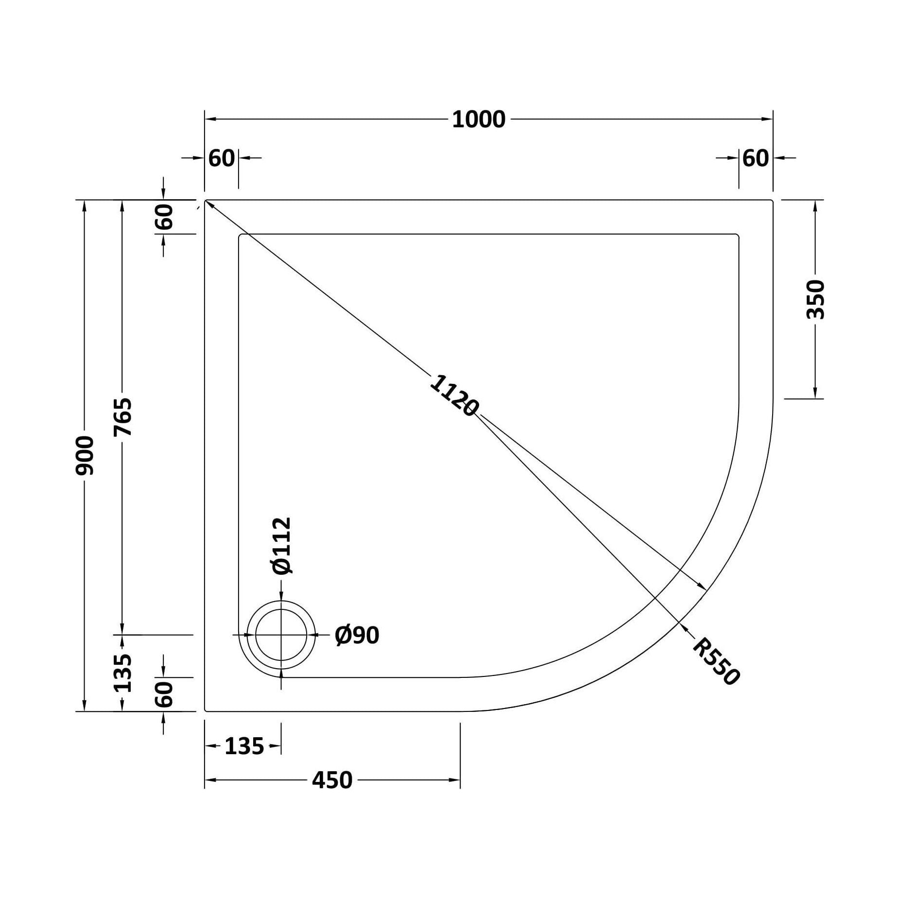 [BETR71111] Balterley Shower Tray Modern Offset Quadrant Shower Tray, Left or Right Hand - Choice of Size and Finish - Technical Drawing