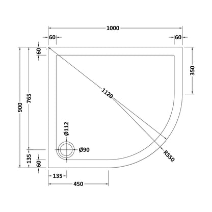 [BETR71111] Balterley Shower Tray Modern Offset Quadrant Shower Tray, Left or Right Hand - Choice of Size and Finish - Technical Drawing