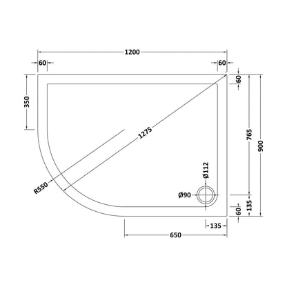[BETR71114] Balterley Shower Tray Modern Offset Quadrant Shower Tray, Left or Right Hand - Choice of Size and Finish - Technical Drawing