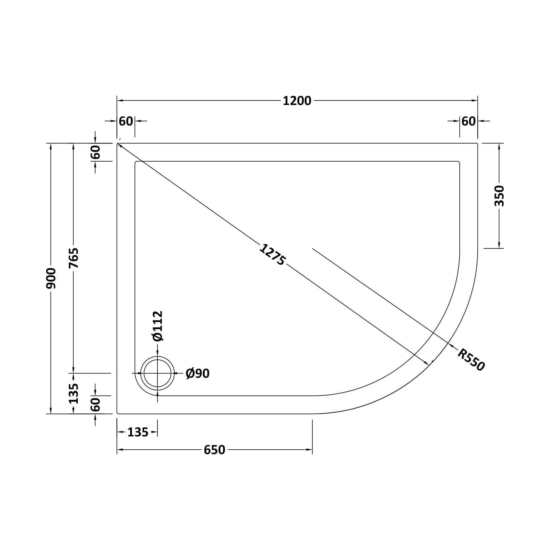 [BETR71115] Balterley Shower Tray Modern Offset Quadrant Shower Tray, Left or Right Hand - Choice of Size and Finish - Technical Drawing