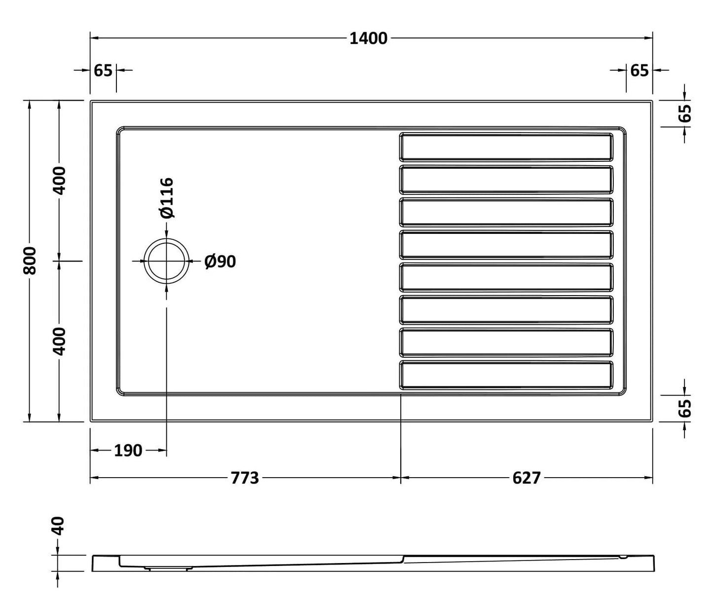 [BETR711480] Premium Walk-In Shower Tray - Choice of Size and Colour - Technical Drawing