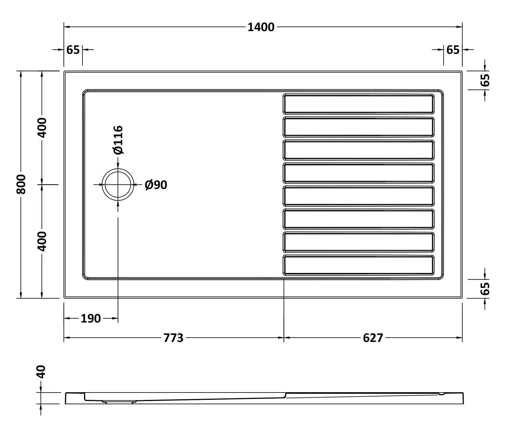 [BETR711480] Premium Walk-In Shower Tray - Choice of Size and Colour - Technical Drawing