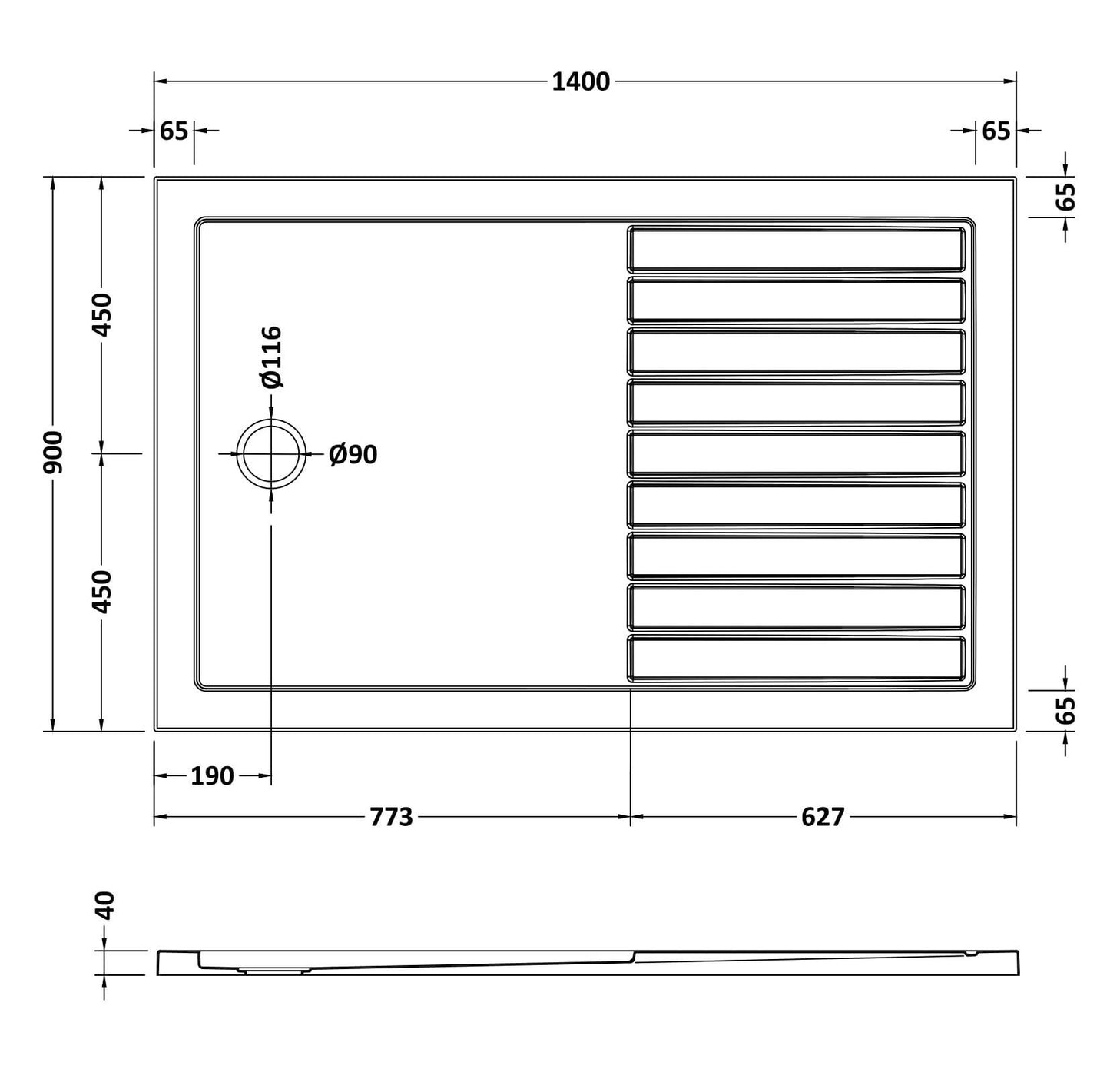 [BETR711490] Premium Walk-In Shower Tray - Choice of Size and Colour - Technical Drawing