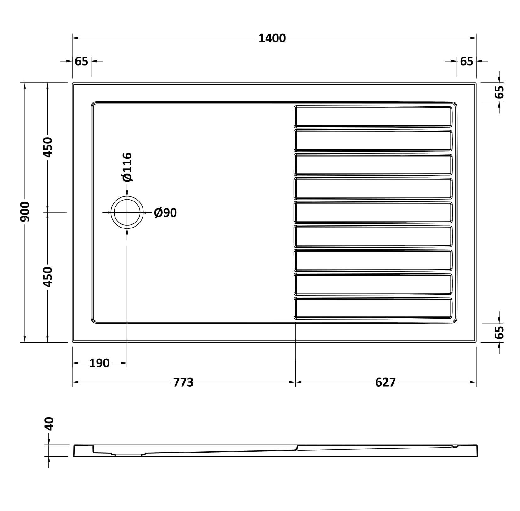 [BETR711490] Premium Walk-In Shower Tray - Choice of Size and Colour - Technical Drawing