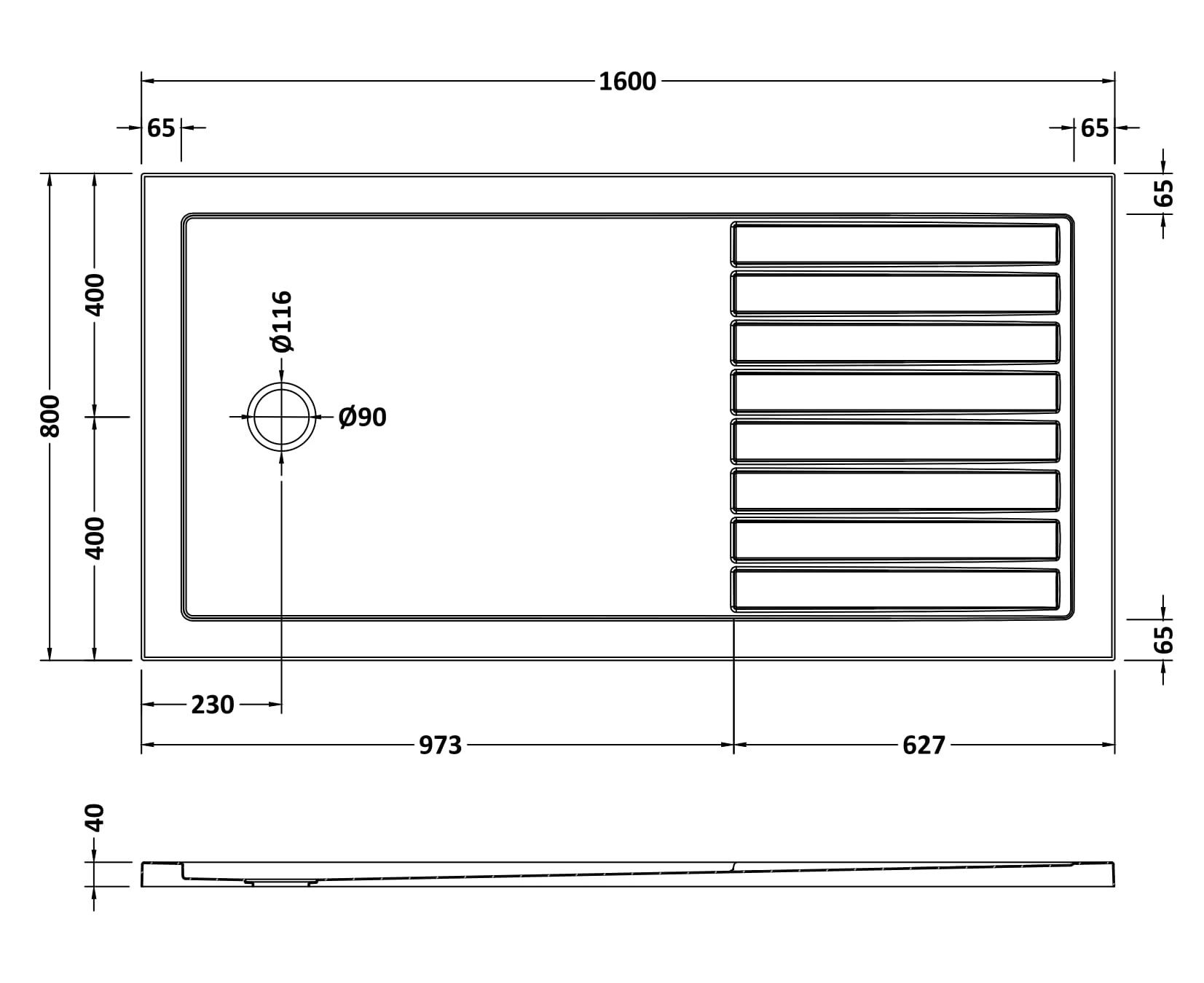 [BETR711680] Premium Walk-In Shower Tray - Choice of Size and Colour - Technical Drawing