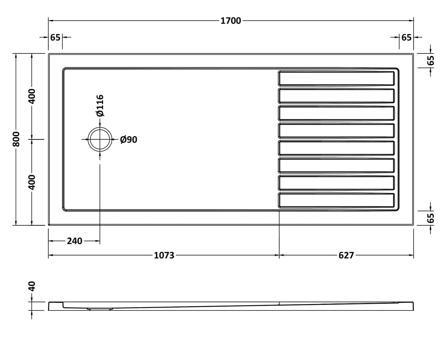 [BETR711780] Premium Walk-In Shower Tray - Choice of Size and Colour - Technical Drawing