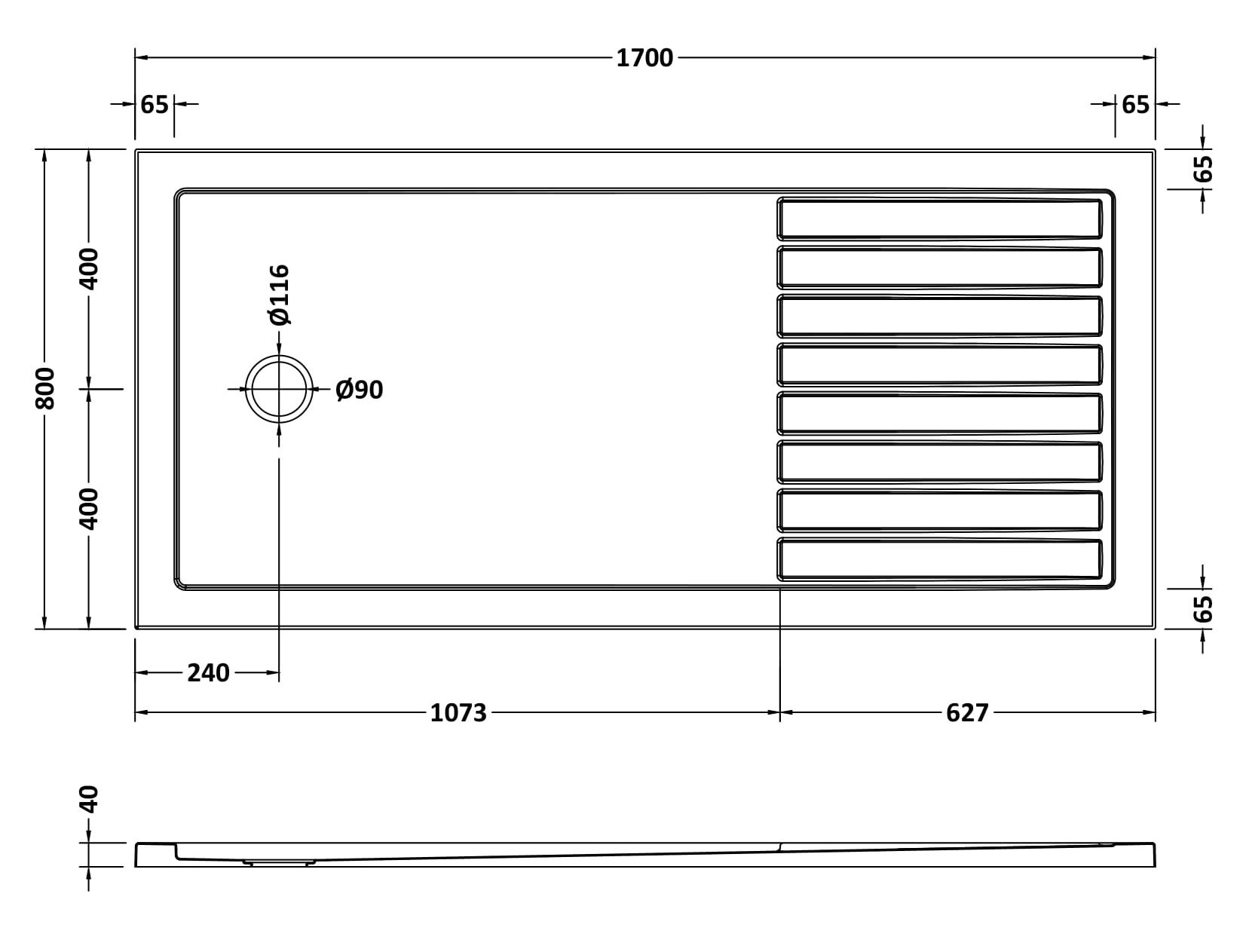 [BETR711780] Premium Walk-In Shower Tray - Choice of Size and Colour - Technical Drawing