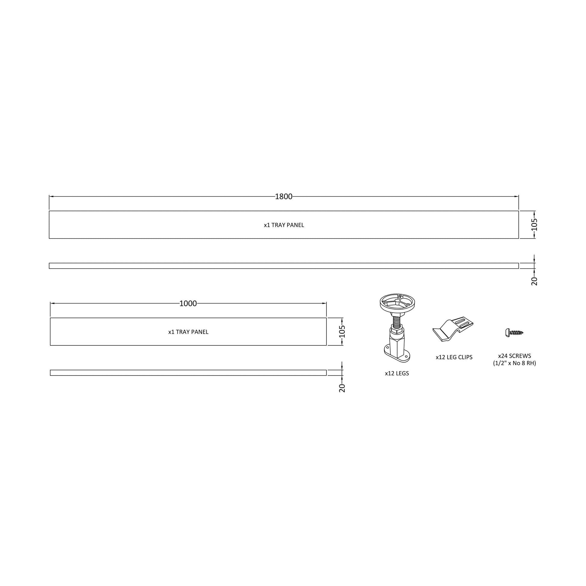 [BETRLEGC] Shower Tray Leg Set & Plinth Kit - White - 1800mm & 1000mm Panel - Technical Drawing