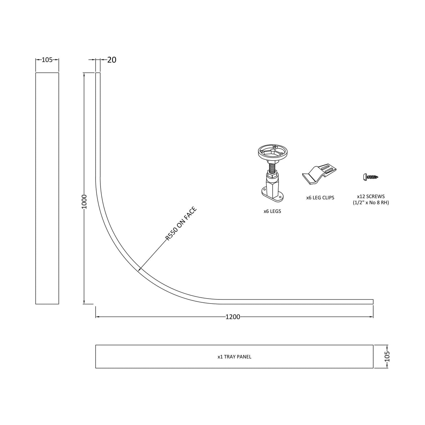 [BETRLEGD] Shower Tray Leg Set & Plinth Kit - White - 1200mm x 900mm Panel - Technical Drawing