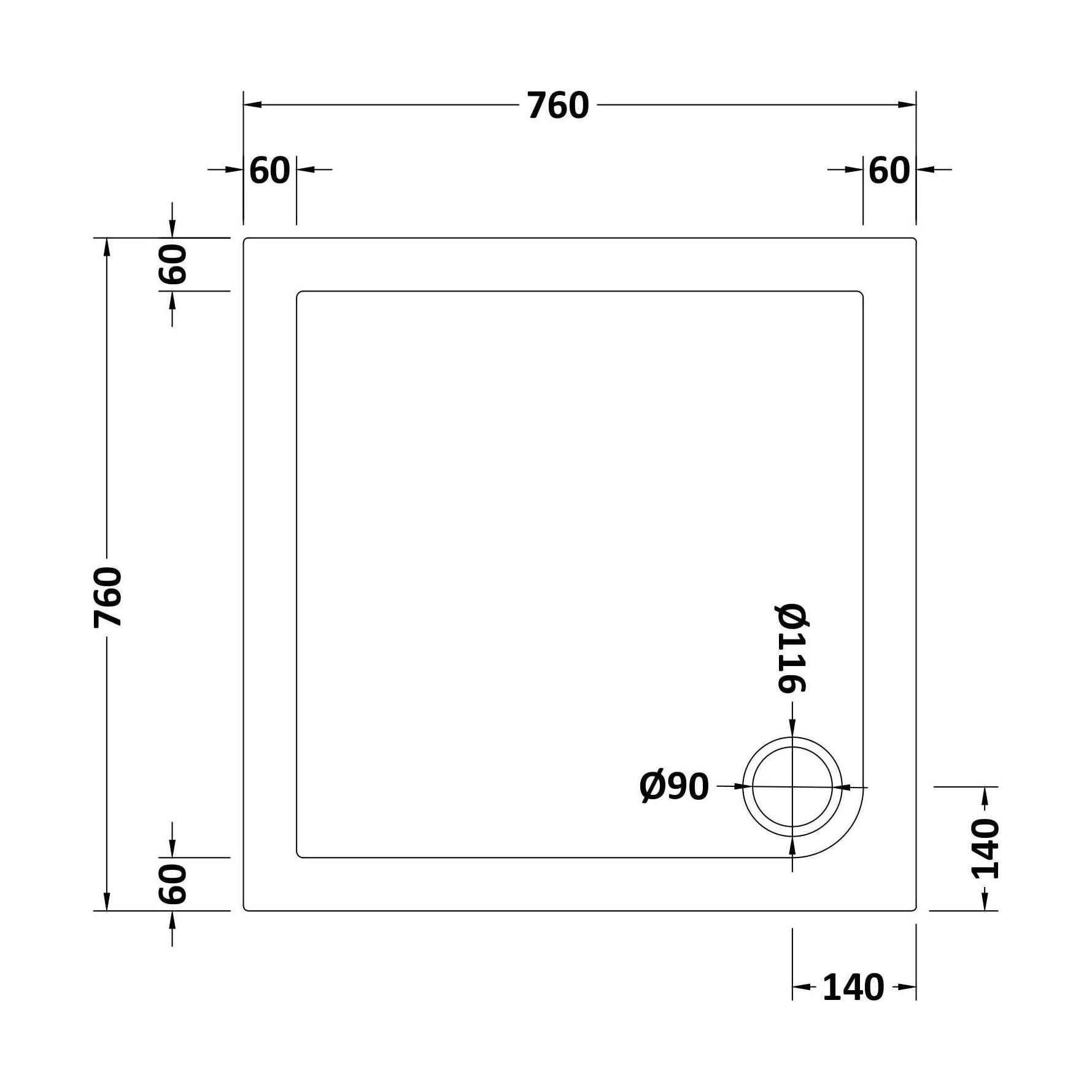 [BETSR003] Slip Resistant Slimline Square Shower Tray - Choice of Size - Technical Drawing